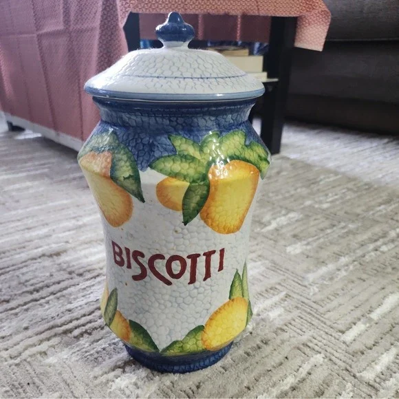 Nonni's Biscotti Cookie Jar Crackled Look Yellow Lemons and Varigated Leaves - Picture 1 of 5